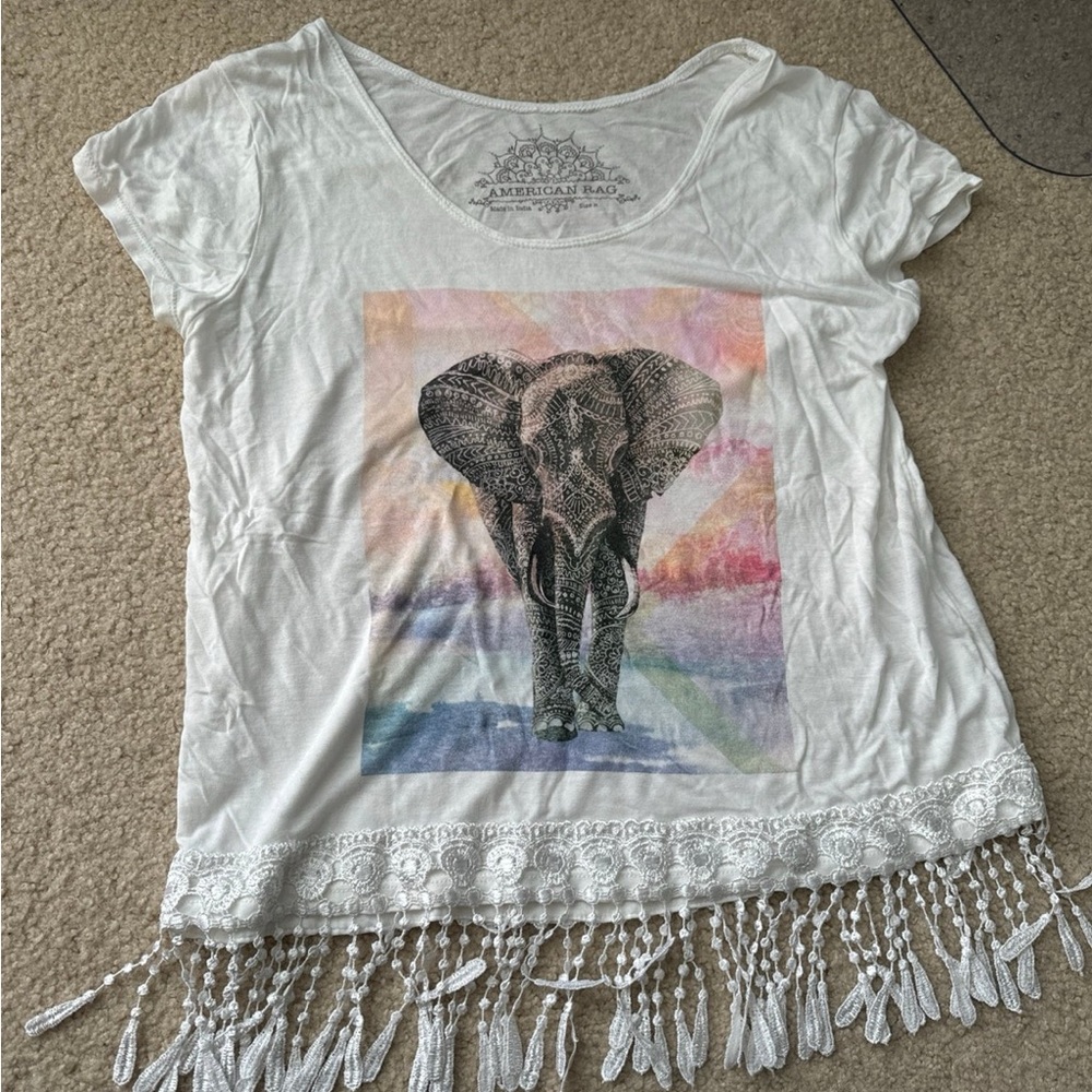 American Rag White Elephant Graphic Fringe Tee